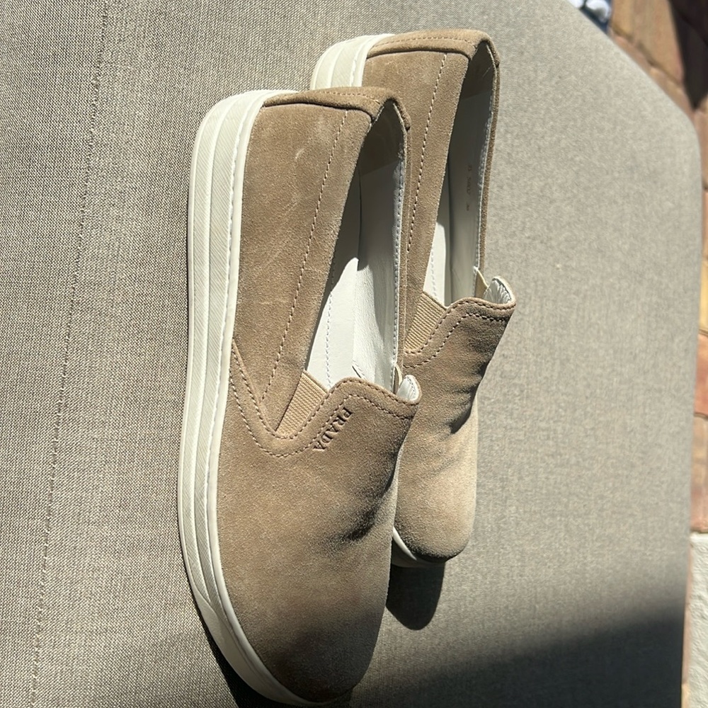 Tan suede Prada slides